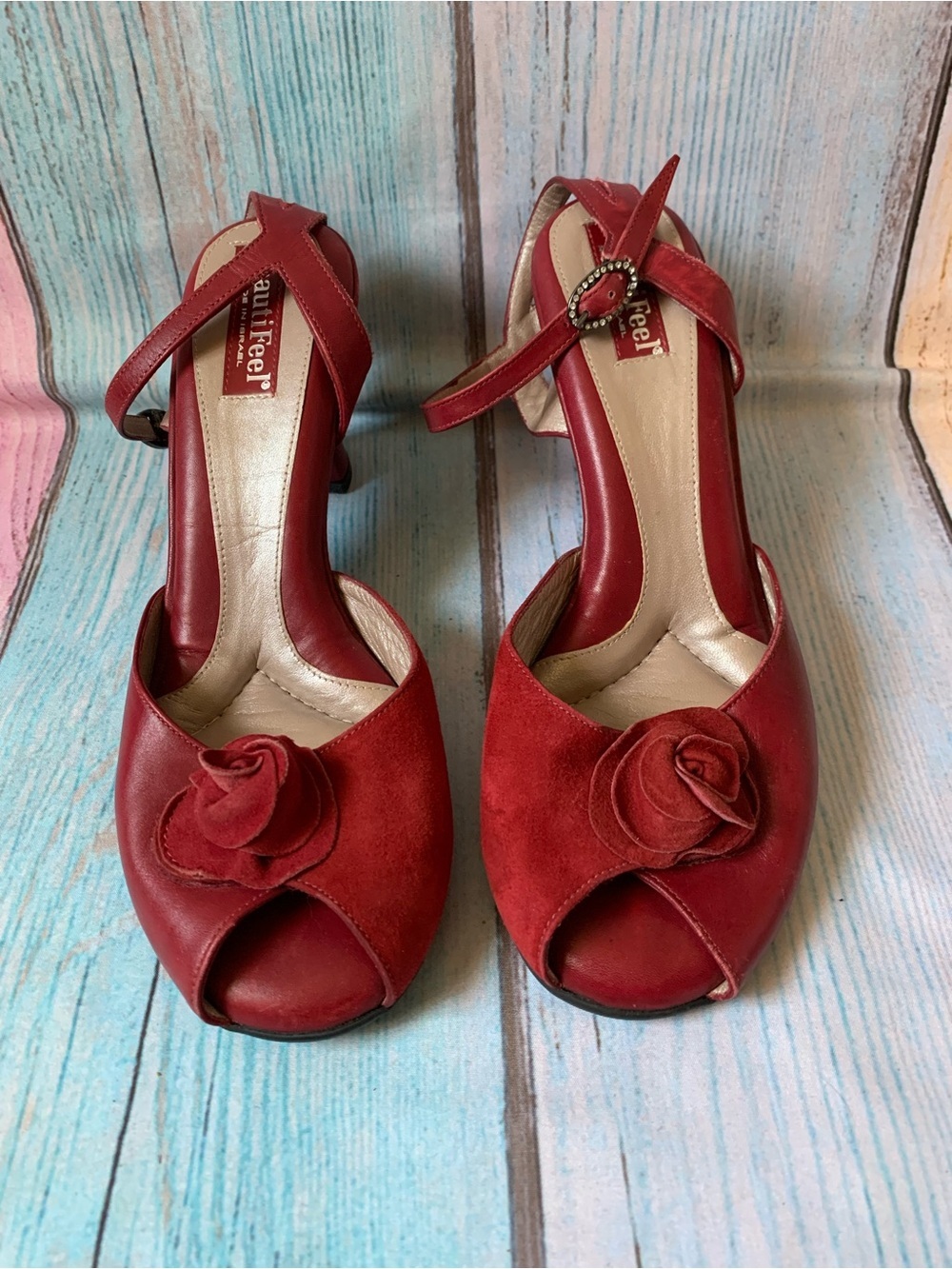 BeautiFeel Red Peep-Toe Heels with Floral Accent - Picture 3 of 11